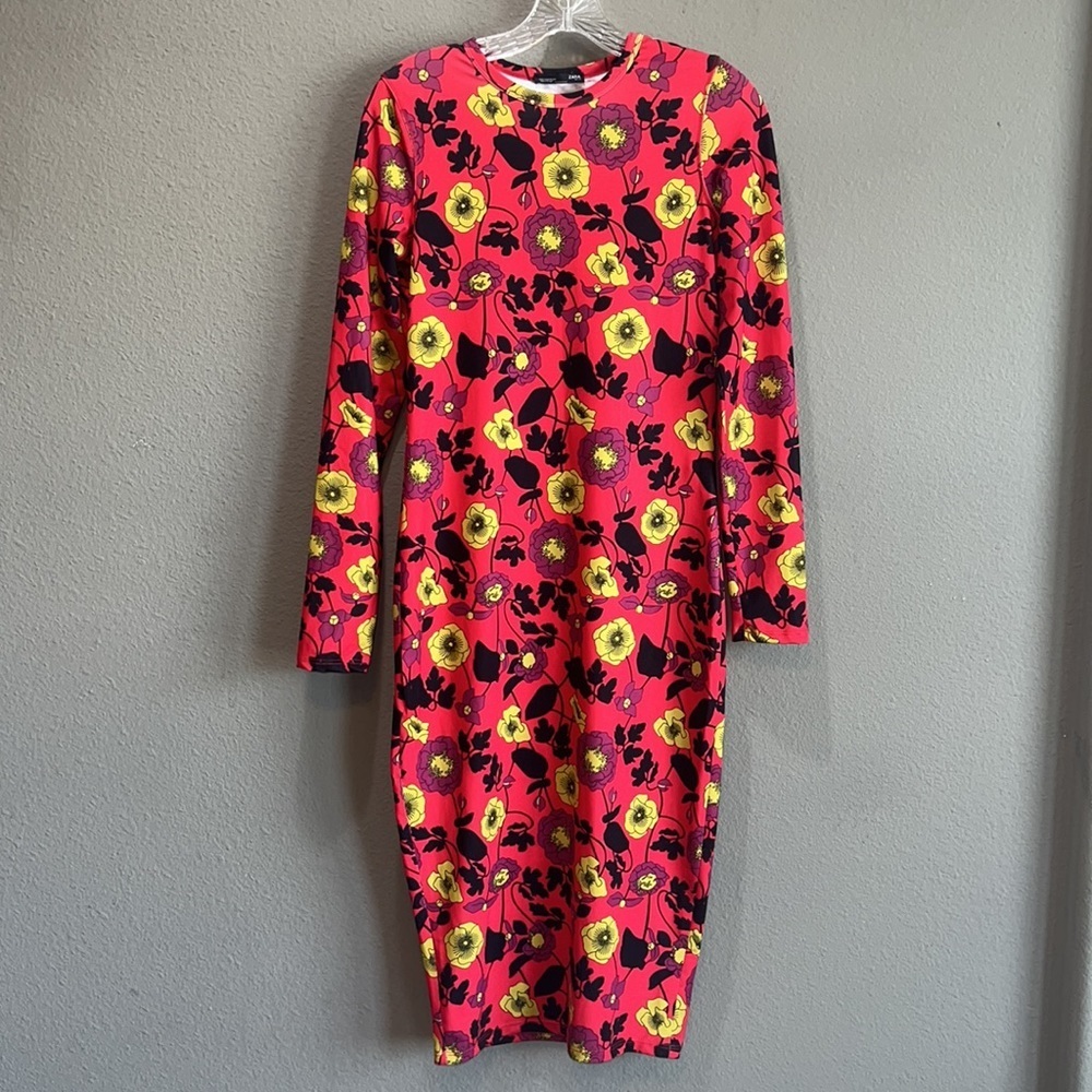 Zara Floral Bodycon Stretch Midi Long Sleeve Dress Size M - Picture 5 of 8